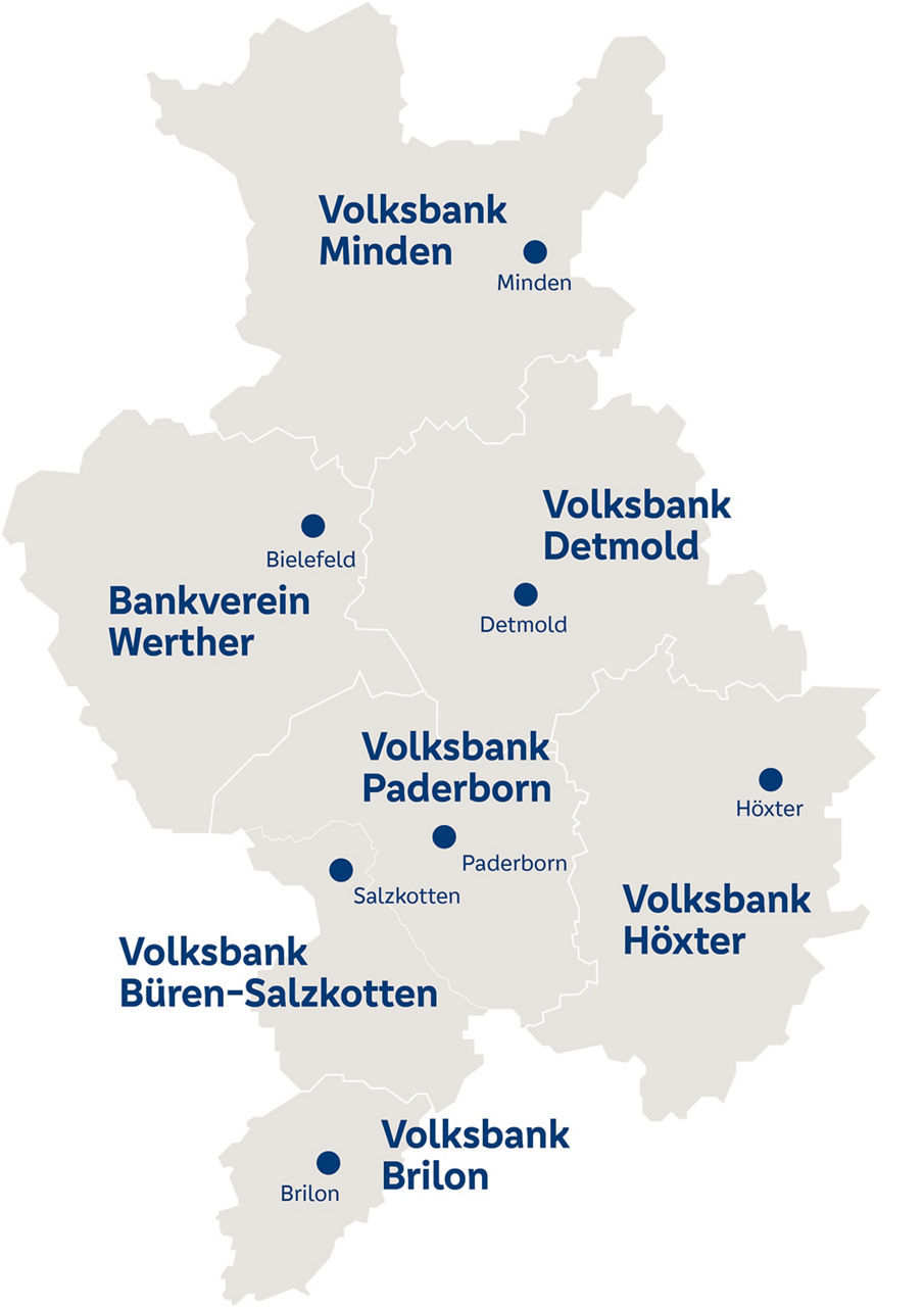 Filialkarte mit dem Geschäftsgebiet der VerbundVolksbank OWL
