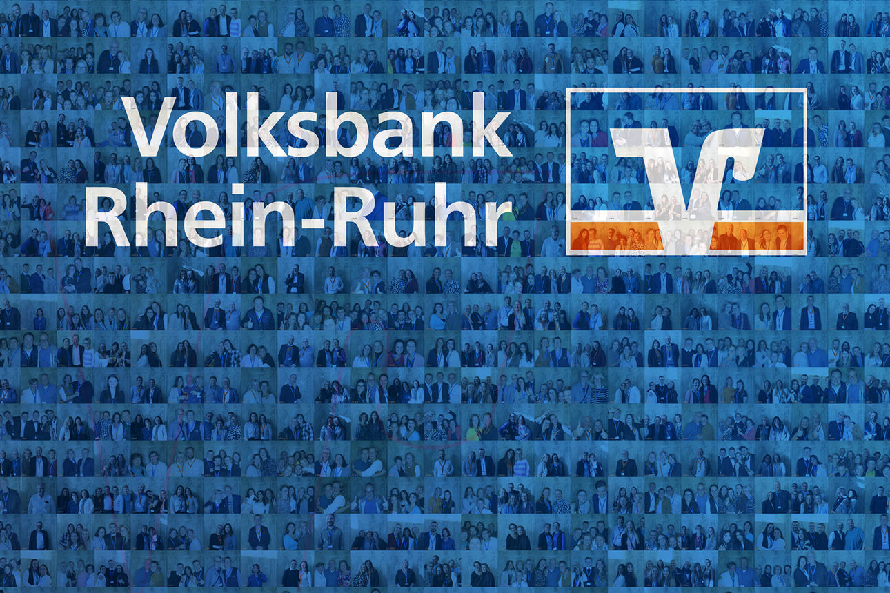 Das Logo der Volksbank Rhein-Ruhr zusammengesetzt aus vielen Bildern von Menschen