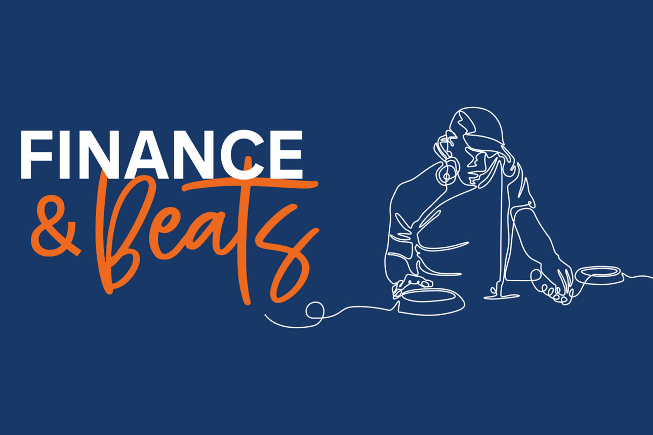 Grafik mit Logo Finance & Beats und einem stilisierten Bild eines DJs