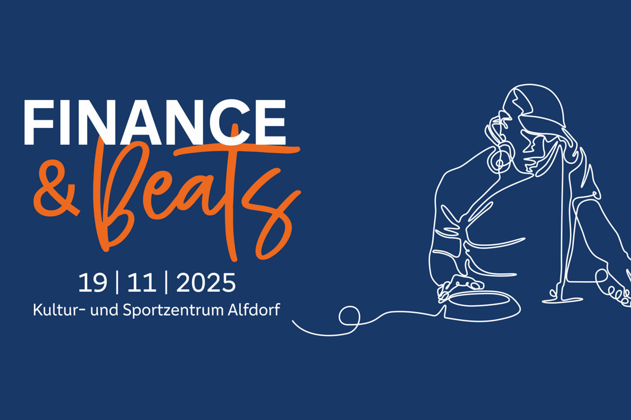 Finance & Beats Logo mit Angabe des Datums 19.11.2025 und der Veranstaltungslokation Kultur- und Sportzentrum Alfdorf und einer stilisierten Grafik eines DJs
