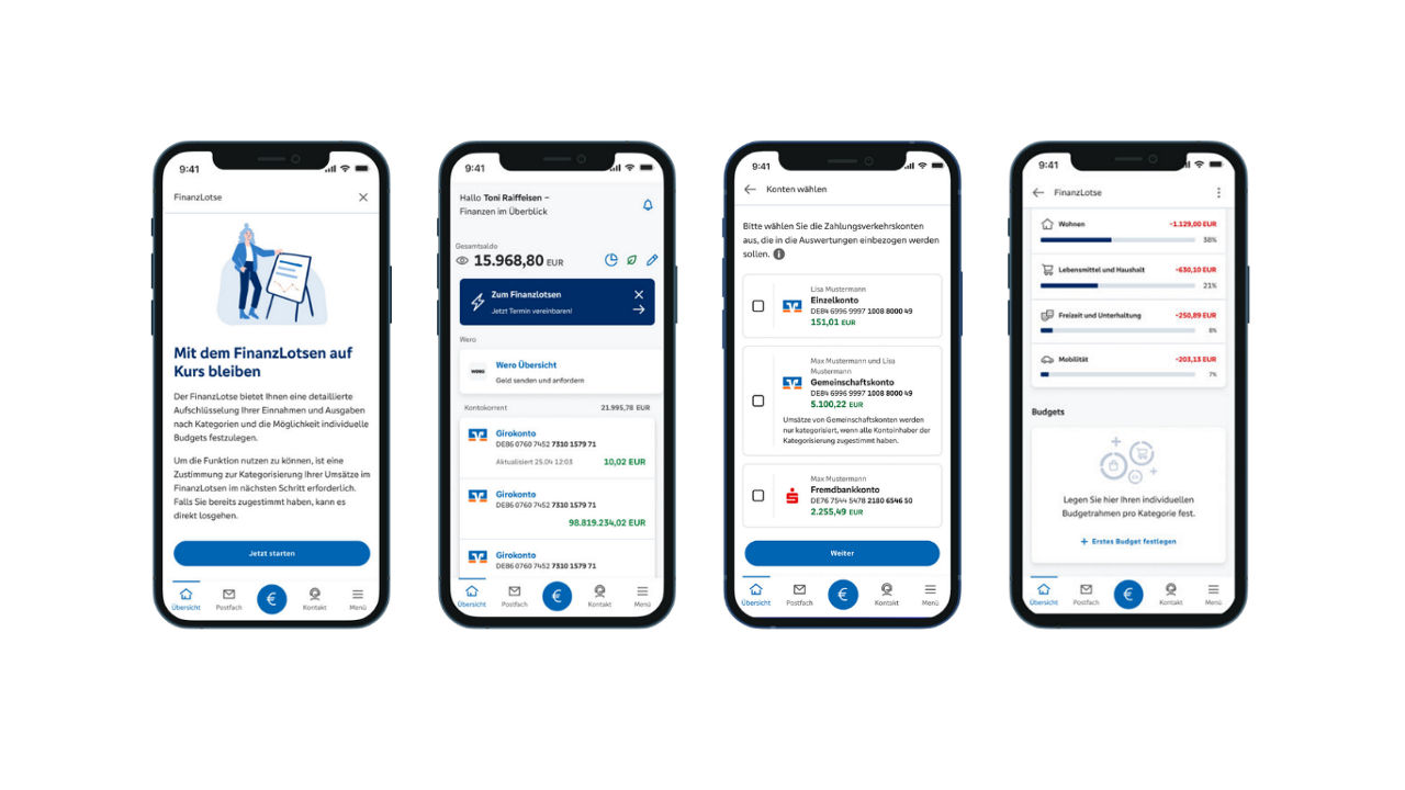 Mock ups der Anzeige des FinanzLotsen in der VR Banking App