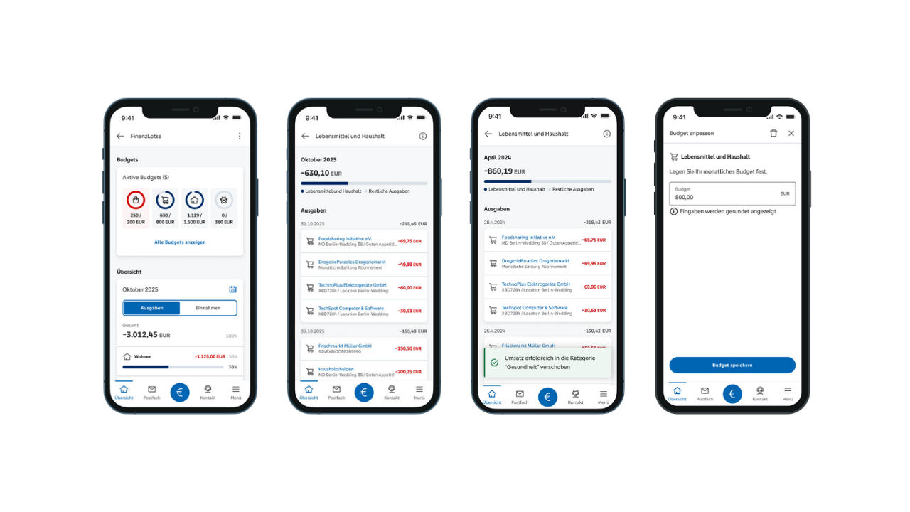 Mock ups der Anzeige des FinanzLotsen in der VR Banking App