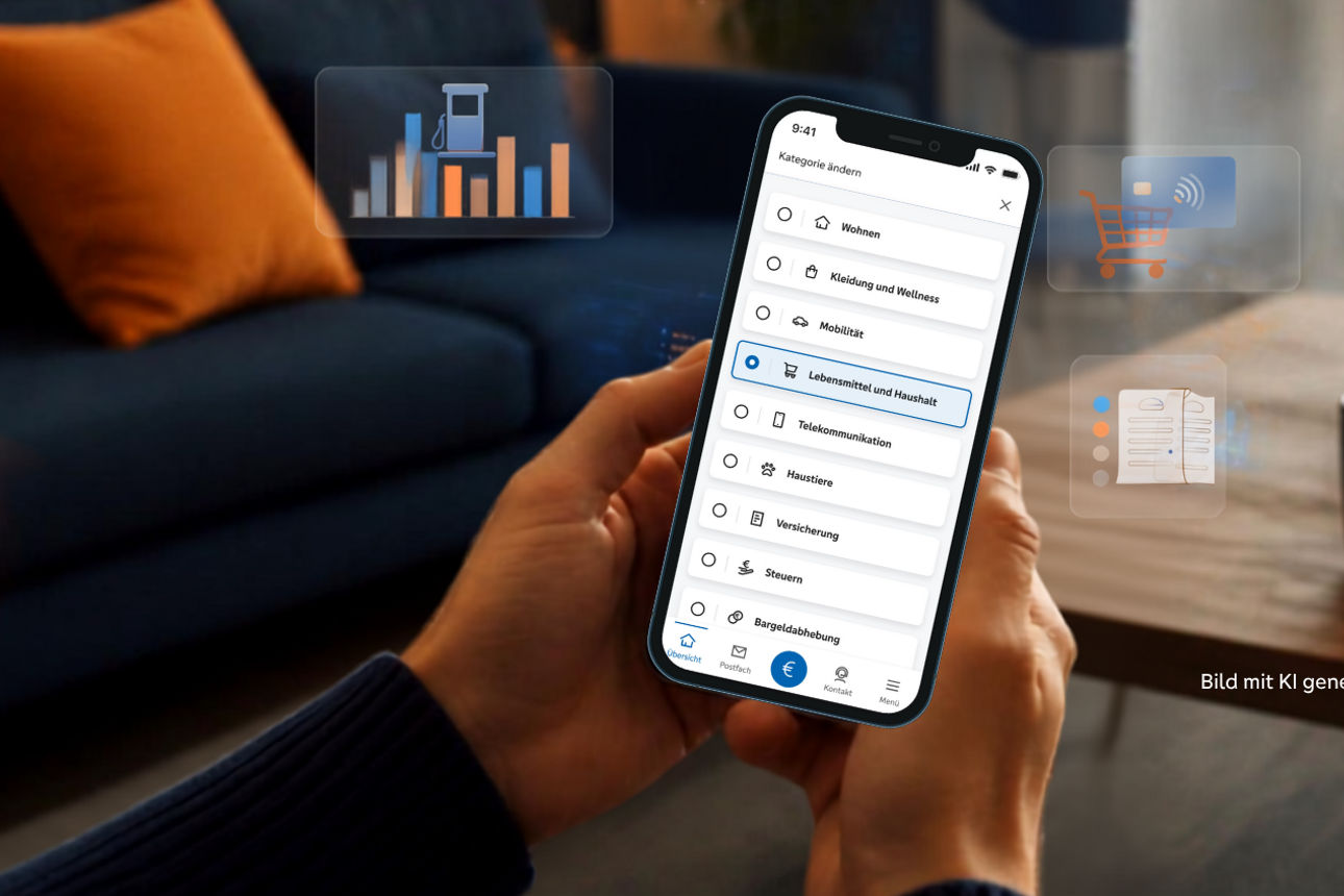 Handy in der Hand gehalten im Wohnbereich mit geöffneter Finanzlotse-App 