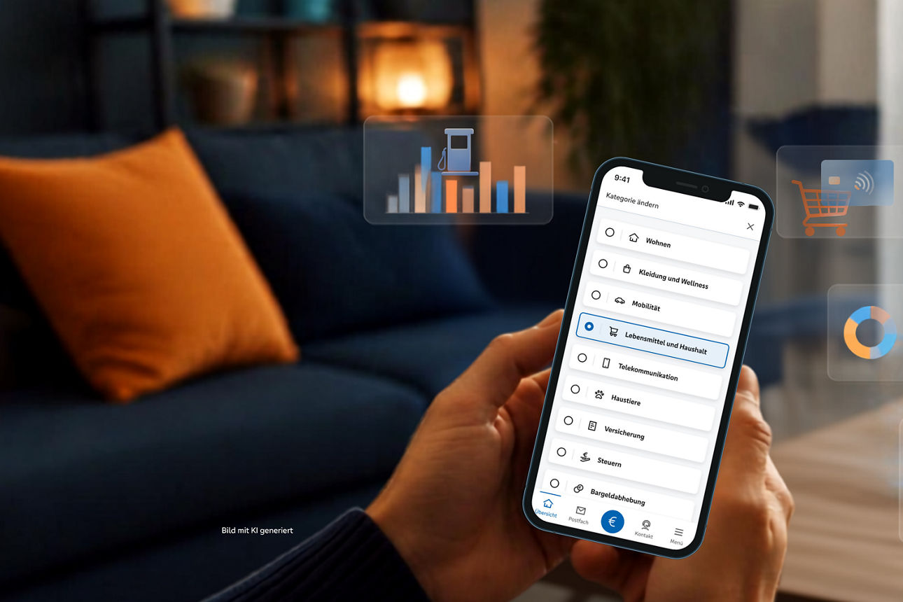 Handy in der Hand gehalten im Wohnbereich mit geöffneter Finanzlotse-App 