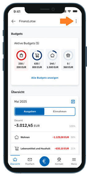 Anzeige des Drei-Punkte-Menüs in der Banking App