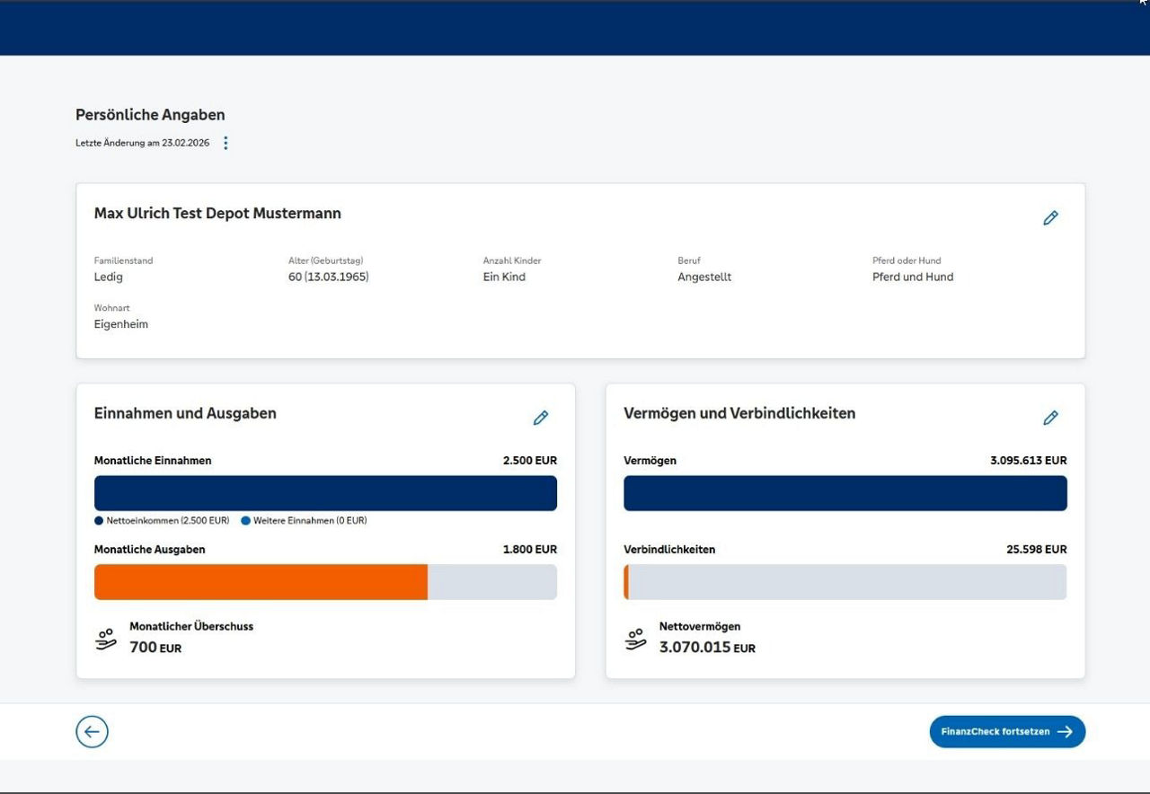 Screenshot eines Finanzchecks, welcher im OnlineBanking durchgeführt wurde