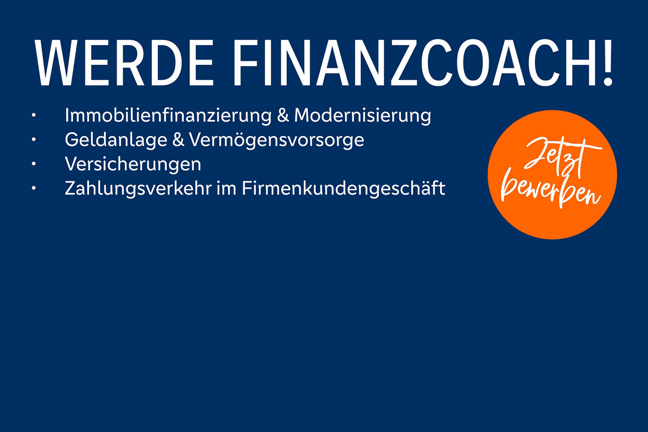 Blaues HIntergrundbild mit dem Titel "Werde Finanzcoach" und den verschiedenen Vertriebsbereichen