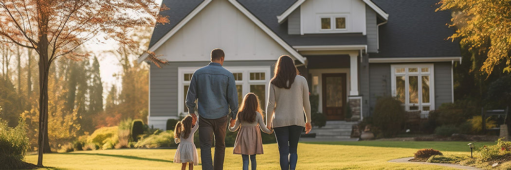 eine Familie geht auf ihr neues Haus zu