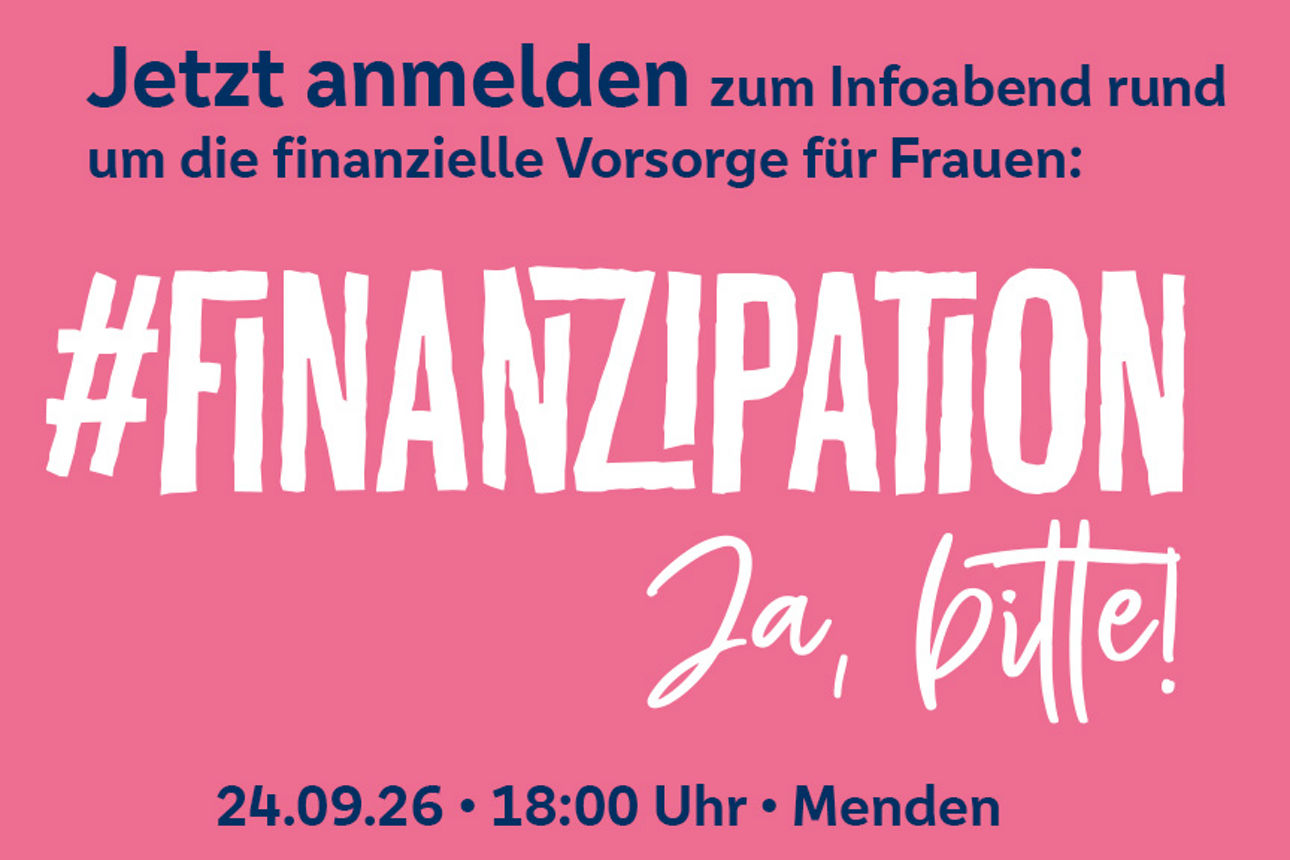 #finanzipation-ja bitte! als weißer und blauer Schriftzug auf pinkem Hintergrund