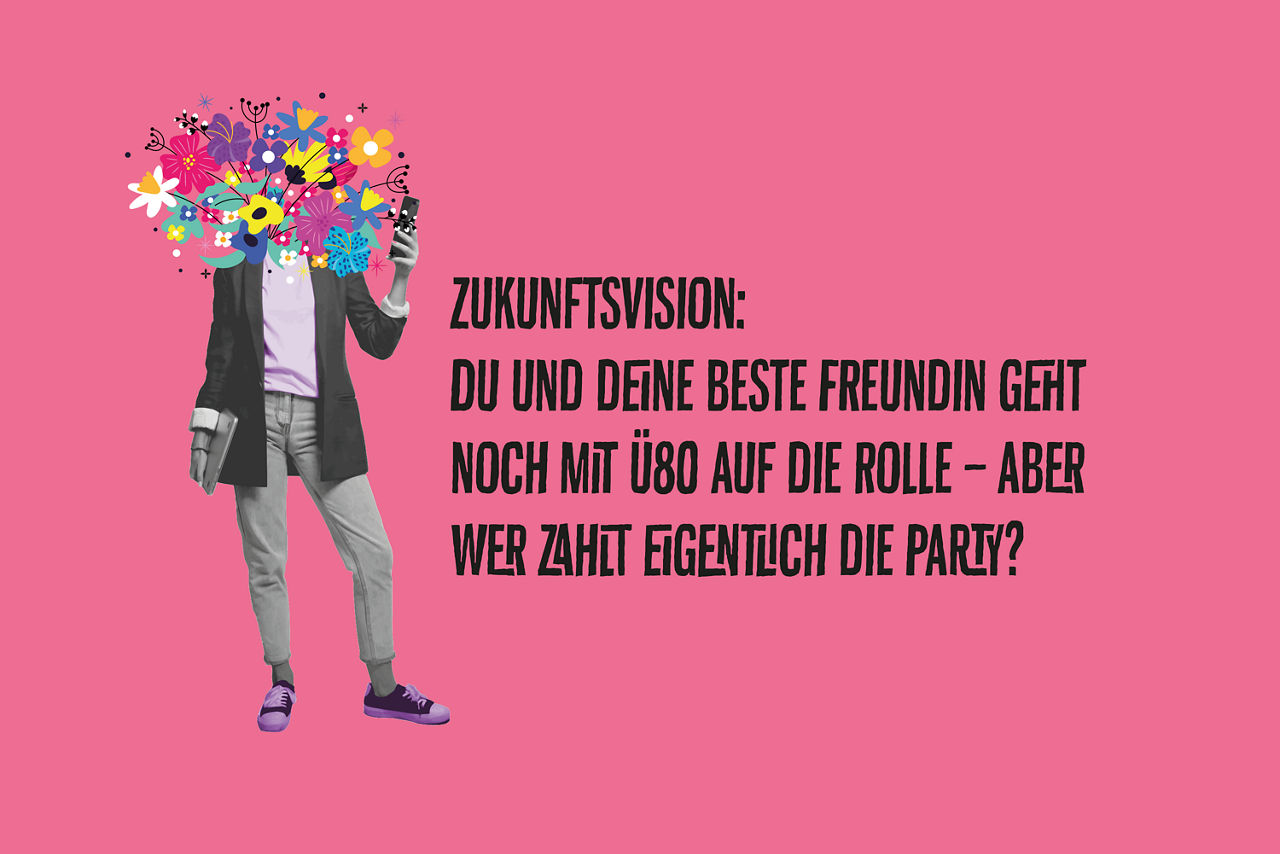 Person mit Blumenstrauß als Kopf vor pinkem Hintergrund