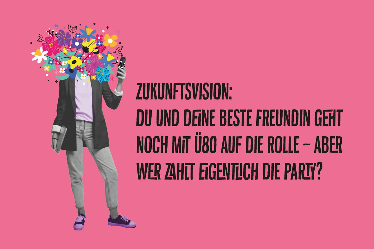 Person mit Blumenstrauß als Kopf vor pinkem Hintergrund