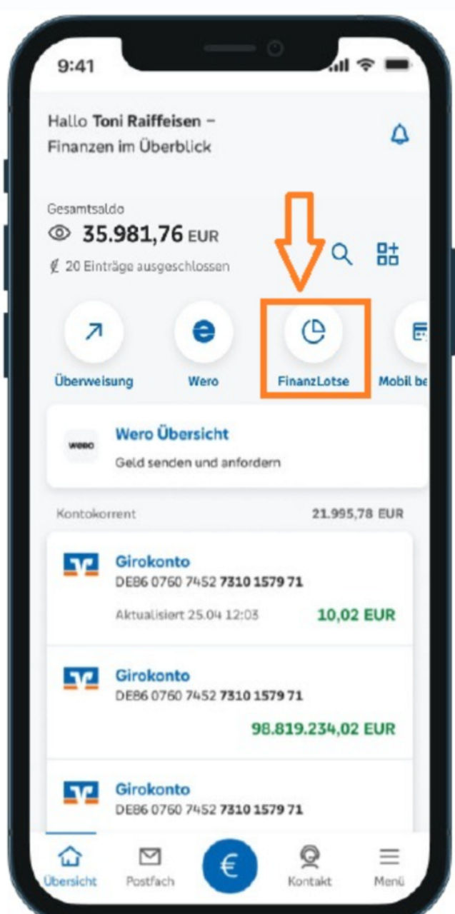 Anwendung aus der VR-Banking App mit Hinweis wo der Finanzlotse aktiviert wird
