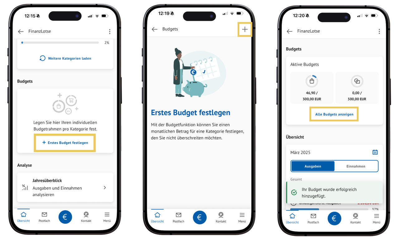 Drei Smartphones zeigen Screenshots zur Budgetanlage im Finanzlotsen