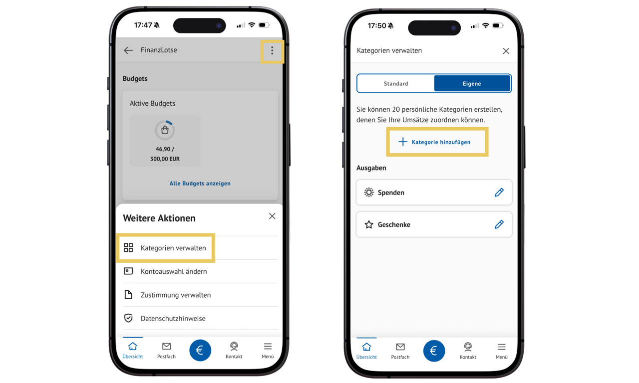Zwei Smartphone-Bildschirm zeigen die Kategorienverwaltung im Finanzlotsen der BBBank-App 