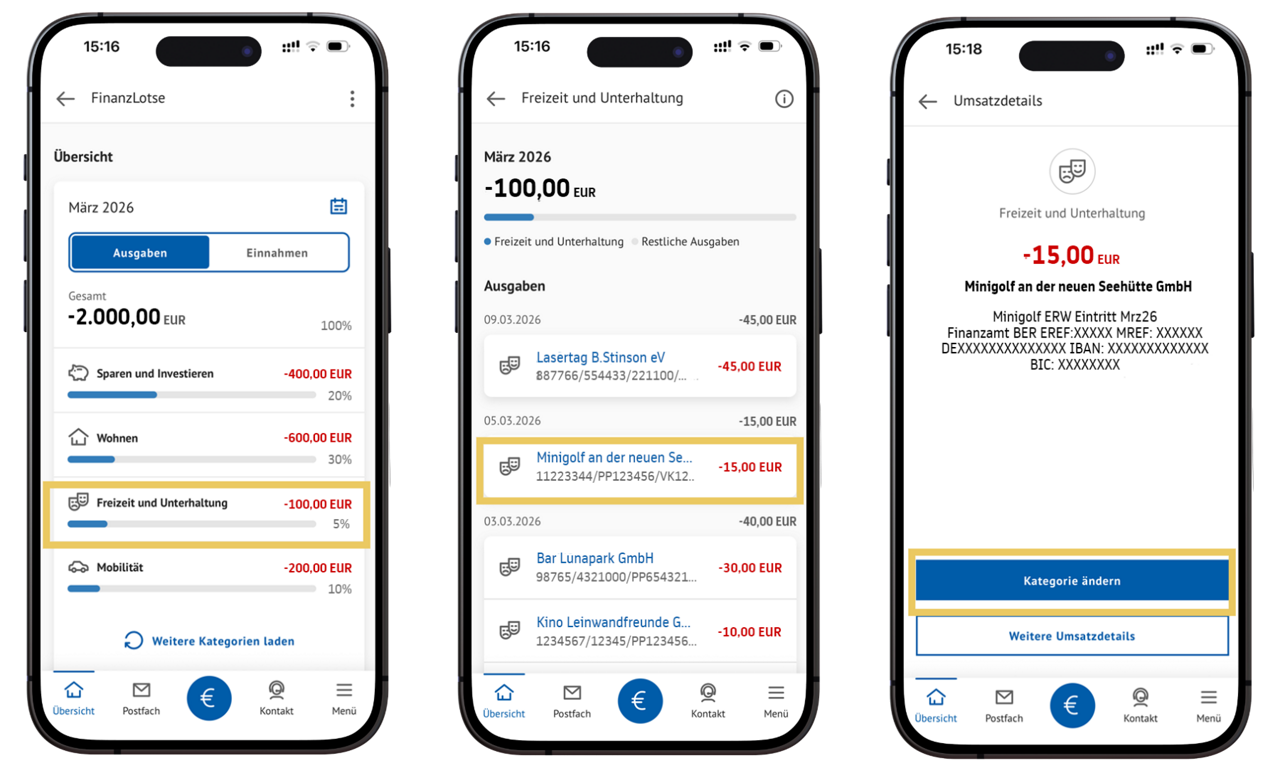 Drei Smartphones zeigen Screenshots zur Änderung der Umsatzkategorie im Finanzlotsen
