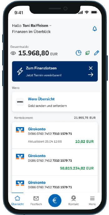 Smartphone mit Anzeige des Finanzlotsen in der VR Banking App