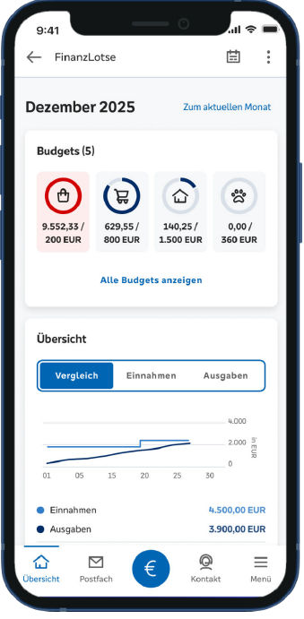 Smartphone mit Anzeige des Finanzlotsen in der VR Banking App