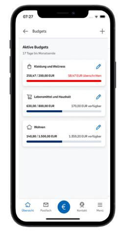 Screenshot aus der VR Banking App zeigt die aktiven Budgets.