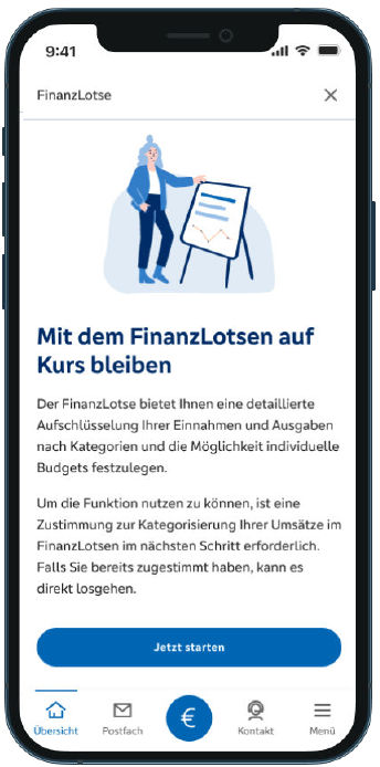 Smartphone mit Anzeige des Finanzlotsen in der VR Banking App