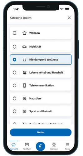 Screenshot aus der VR Banking App zeigt die Änderung der Kategorien.