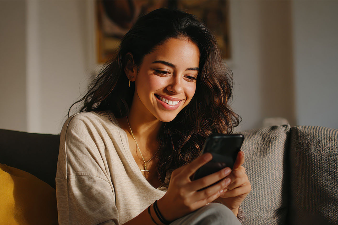 Junge Frau sitzt mit Smartphone auf dem Sofa und lächelt.