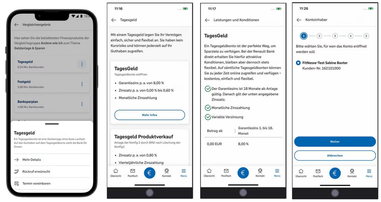 Bilder vom Produktabschluss aus dem Finanzvergleichs auf einem Telefon 
