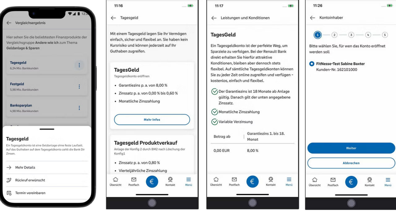 Screenshots von verschiedenen Ansichten des Finanzvergleiches