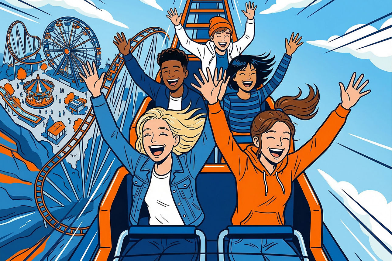 Jugendliche in Achterbahn im Comic Stil in Volksbankfarben Orange und Blau