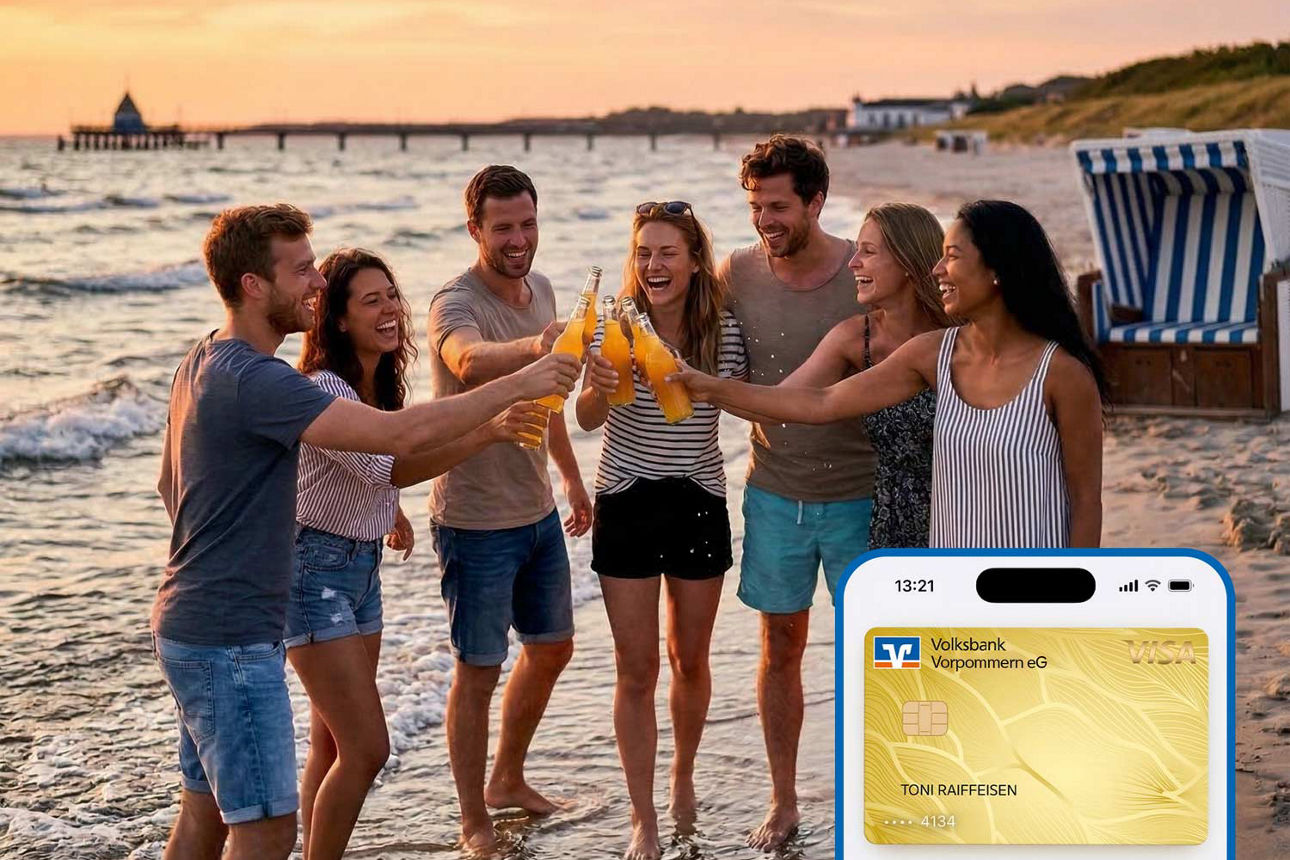 Junge Erwachsene feiern am Strand (KI generiert)