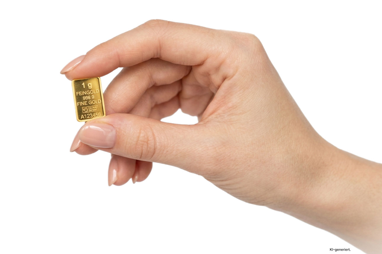 Eine Hand hält einen kleinen Goldbarren mit Gravur. (KI-generiert)
