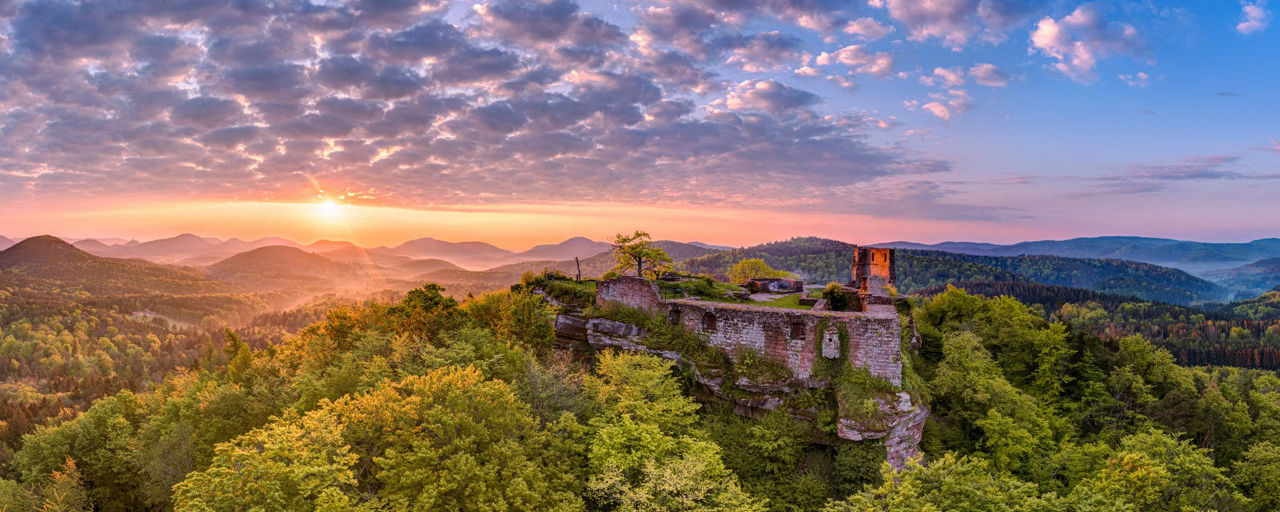 Stimmungsvolles Panoramafoto einer Burgrouine im Pfälzer Wald