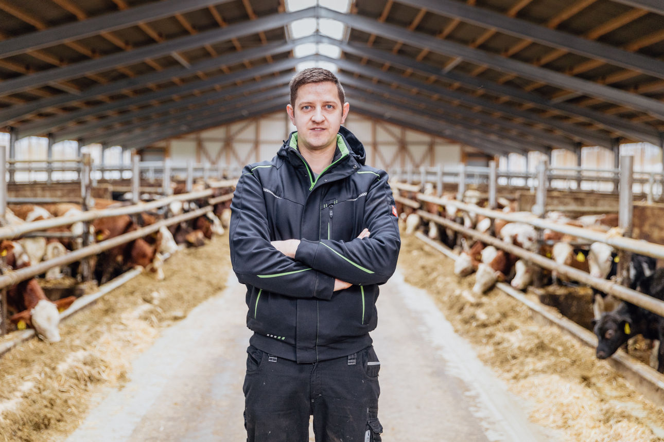Markus Fischer steht im Mittelgang eines Tierwohl‑Stalls, flankiert von Rindergruppen an den Futterplätzen. Sichtbar sind die Stallstruktur, Fressgitter sowie Stroheinstreu im Fütterungsbereich des Stalls.