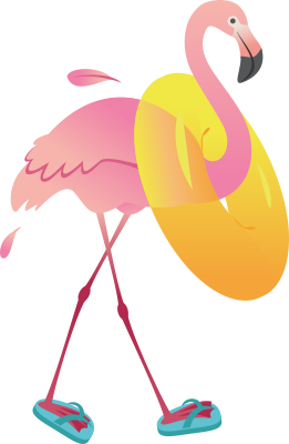 Grafische Darstellung eines Flamingos mit Schwimmreifen um Hals und FlipFlops