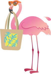 Grafische Darstellung eines Flamingos mit Sonnenbrille und Badetasche im Schnabel