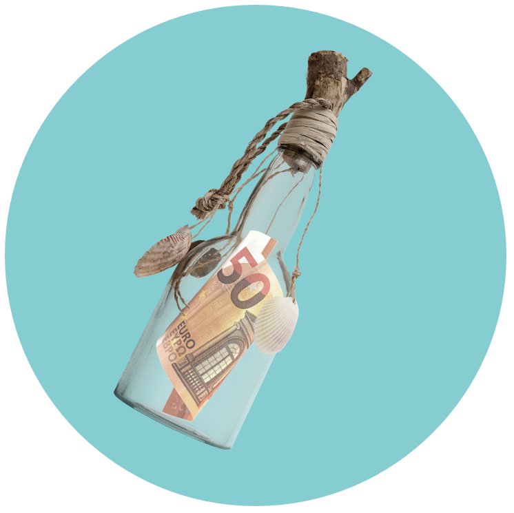Flaschenpost mit 50 Euro Schein in türkisem Kreis + Teufel Kopfhörer