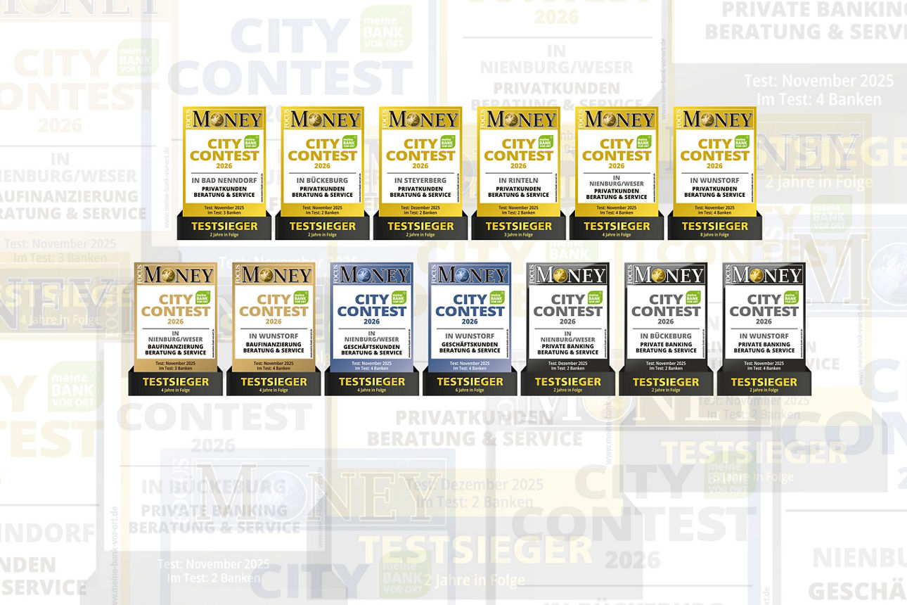 Abbildung von 13 unterschiedlichen Focus Money Awards