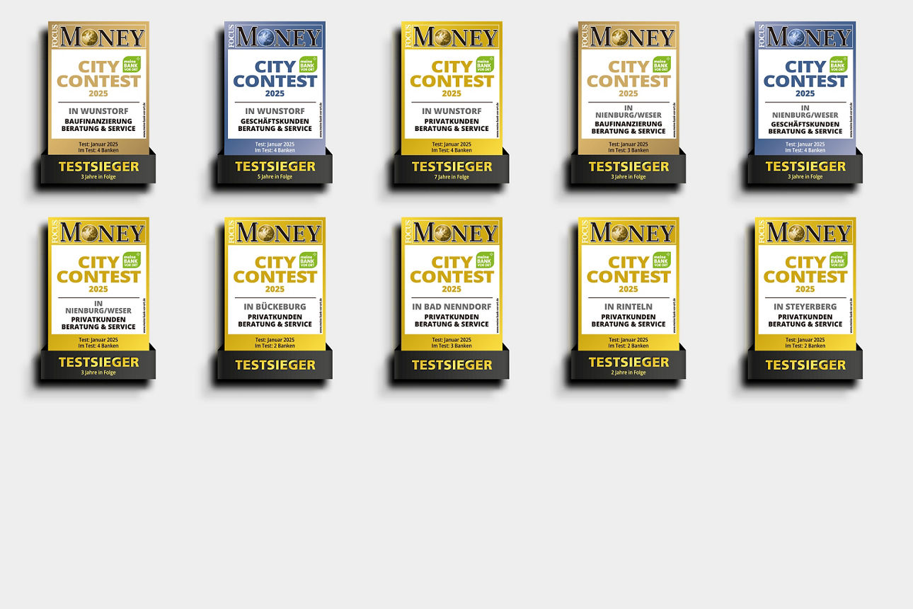 Mehrere Focus Money Siegel auf einem grauen Hintergrund