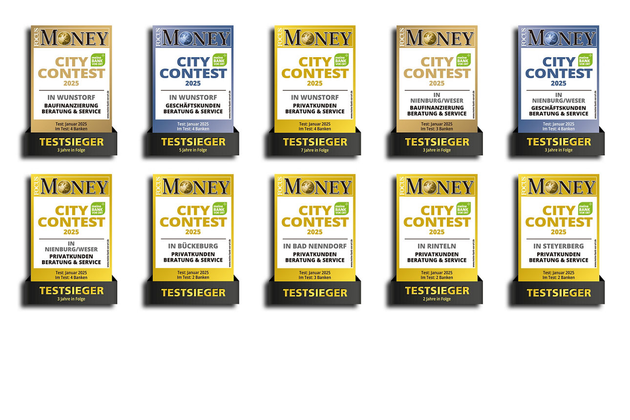 Abbildung von 10 unterschiedlichen FOCUS MONEY-Award Siegeln