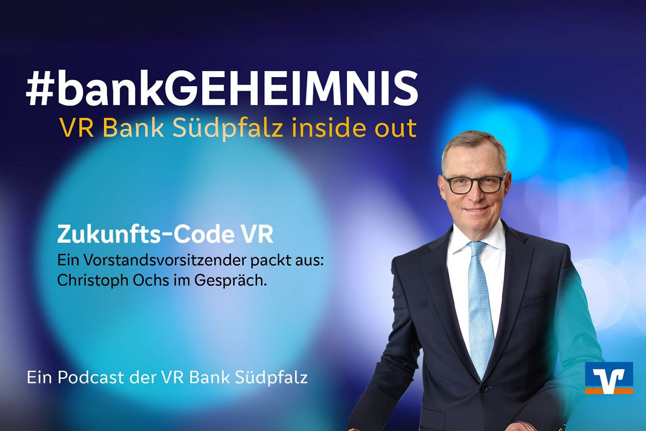 Das Titelmotiv zu unserer Podcastfolge 1 zeigt den Vorstandsvorsitzenden Herrn Ochs mit dem Thema "Zukunftscode VR"