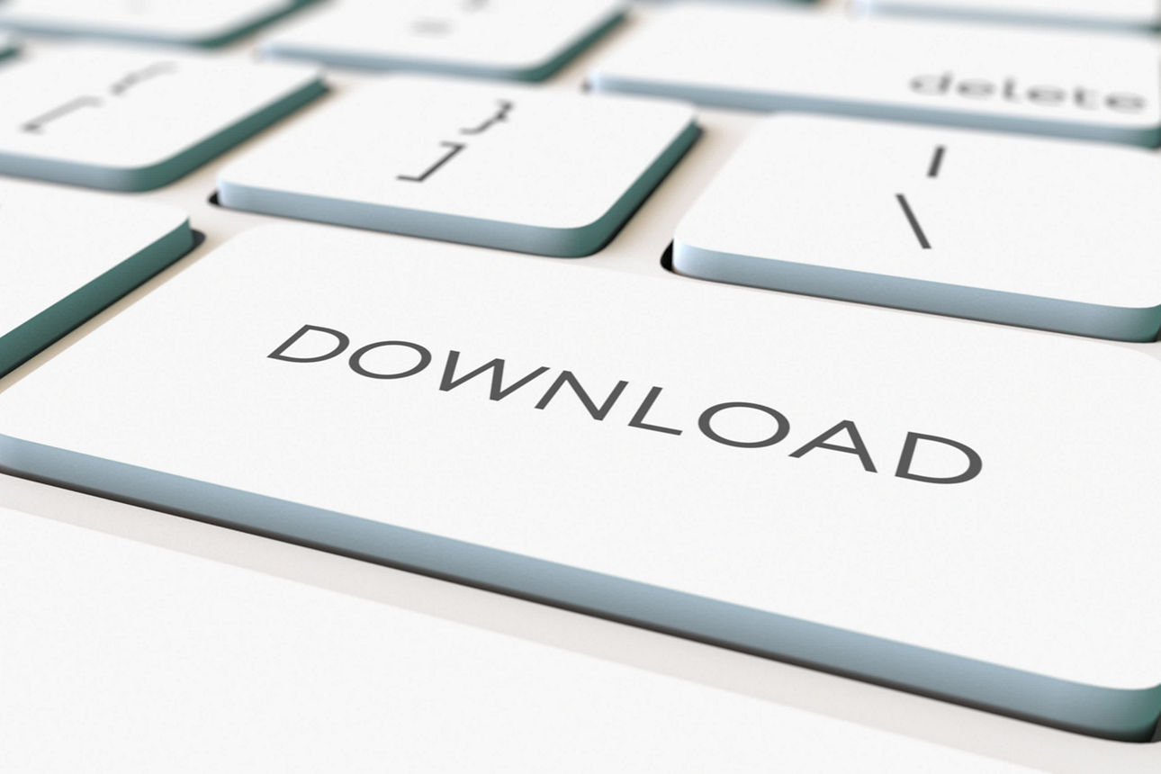 Weiße Computertastatur und Download-Taste, flacher Fokus. Konzeptionelle 3D
