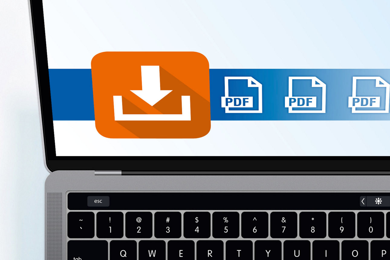 Ein Laptop mit Bildschirminhalt von PDF-Datei-Symbolen