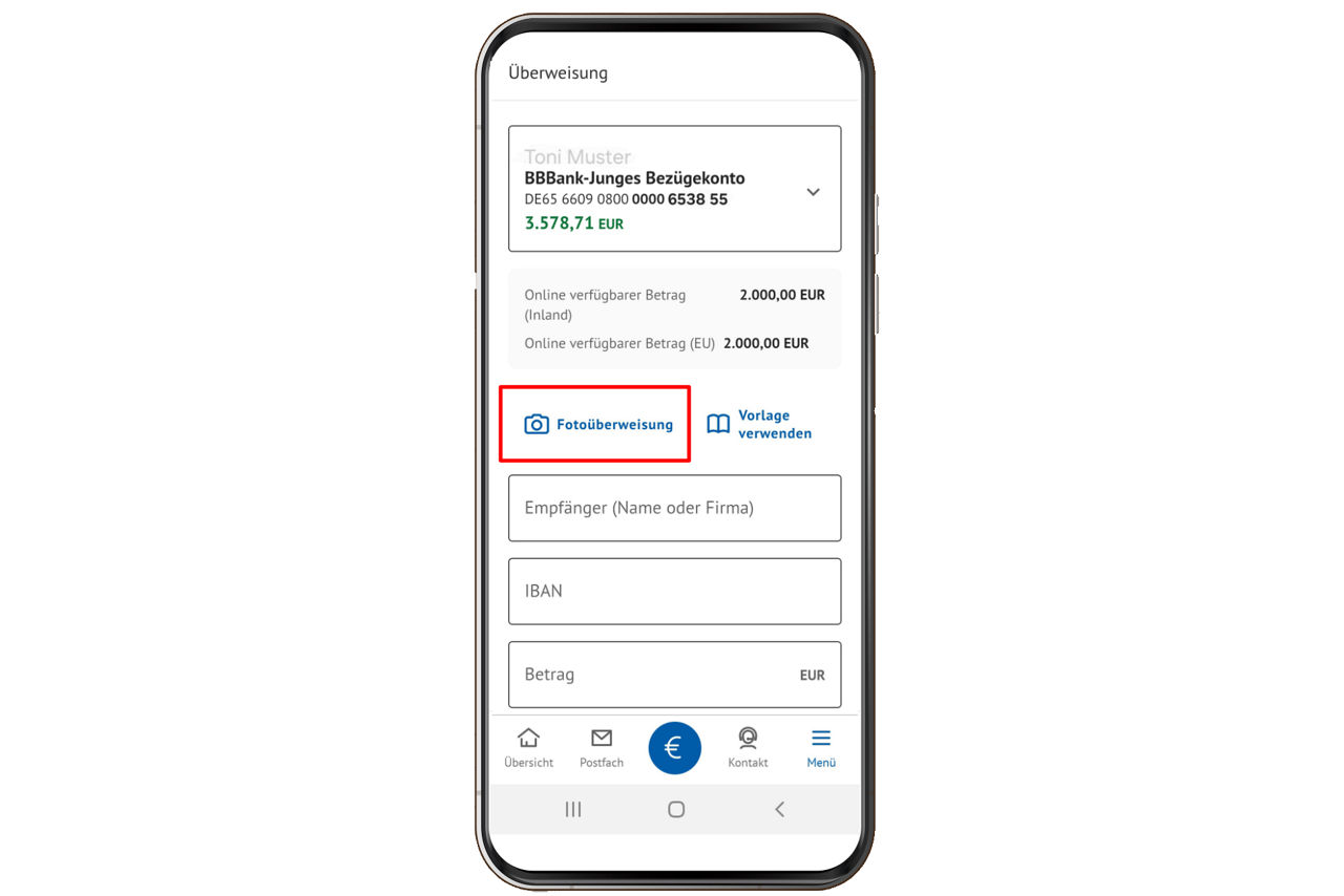 Screenshot der Funktion Überweisung in der App 