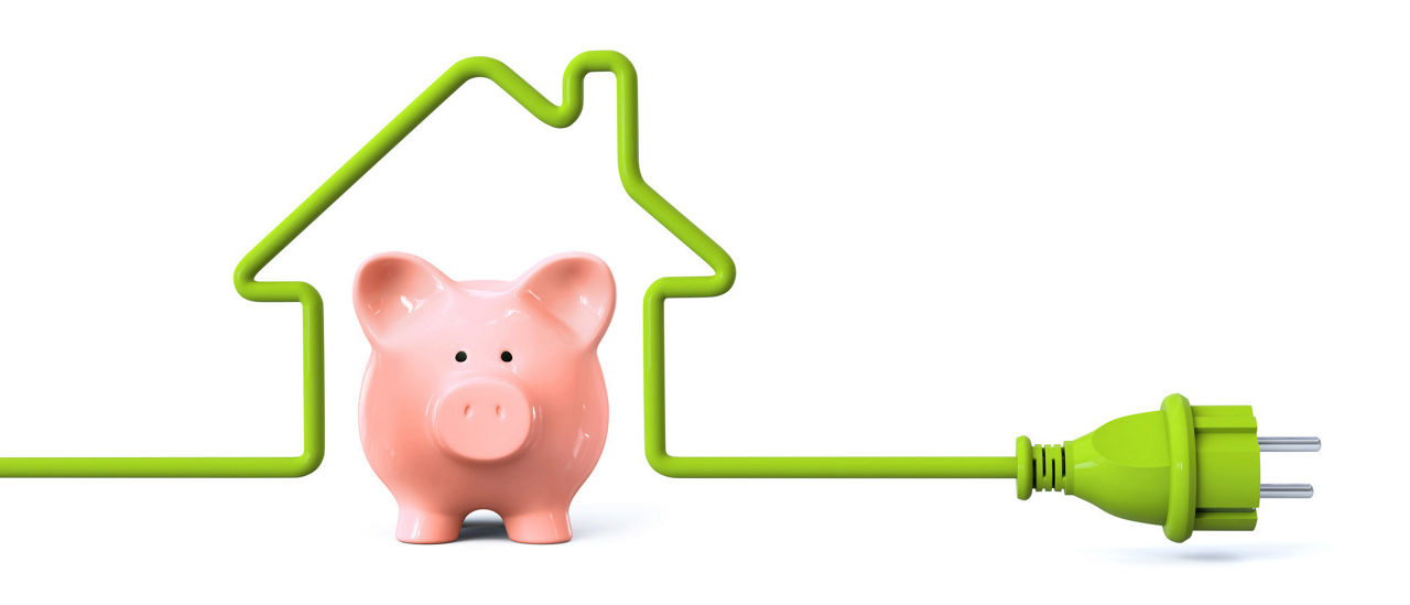 Grafik zeigt Sparschwein mit einem Stromkabel in Form eines Hauses