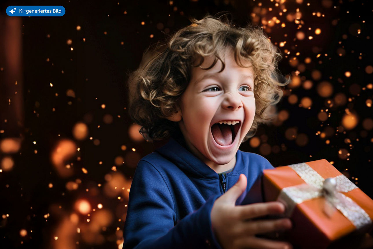 Nahaufnahme: Kind in blauem Pullover hält ein Geschenk vor warmen Lichterpunkten.