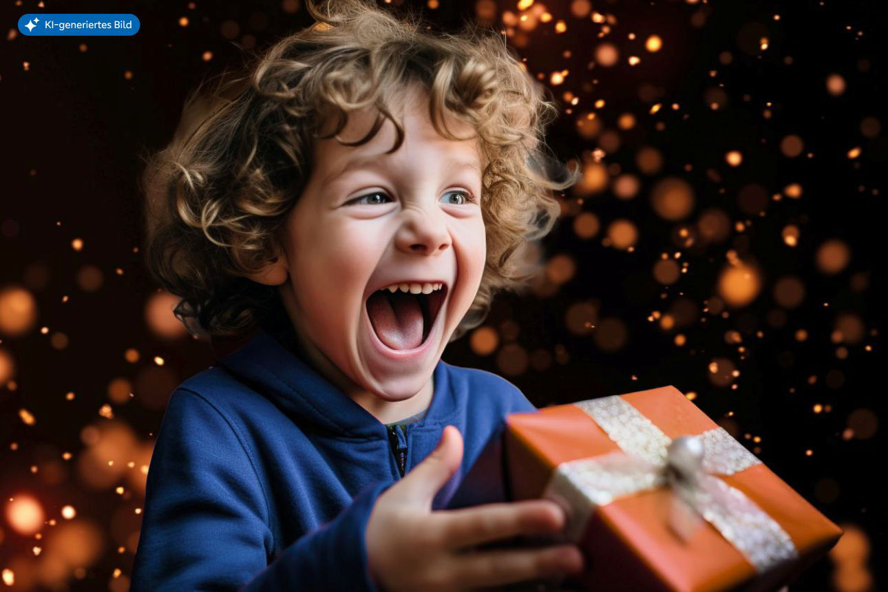 Nahaufnahme: Kind in blauem Pullover hält ein Geschenk vor warmen Lichterpunkten.