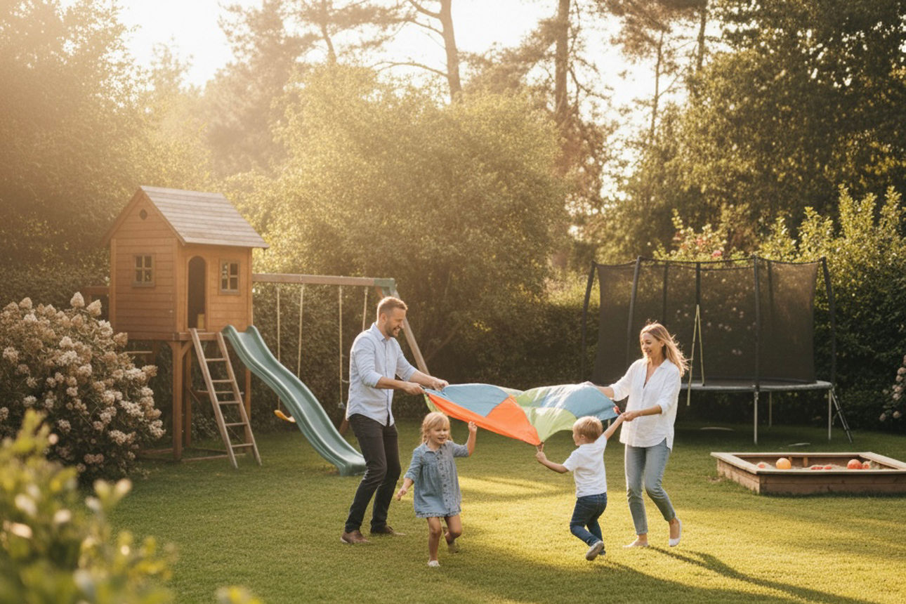 Eine Familie spielt im Garten.