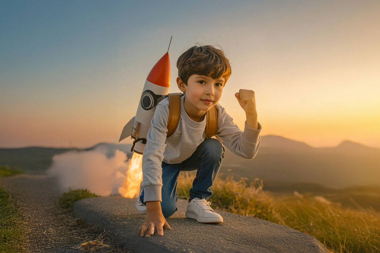 Junge mit Rakete auf dem Rücken