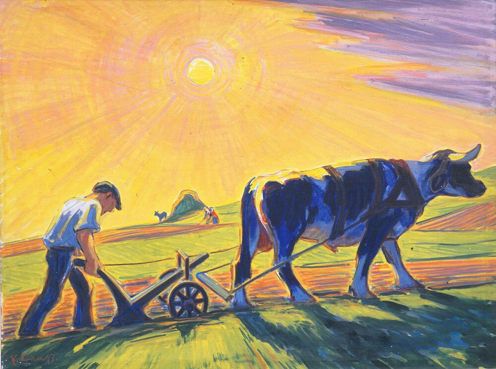 Gemälde, Öl auf Leinwand - Pflügender Bauer in der Erntesonne von Erich Fraaß