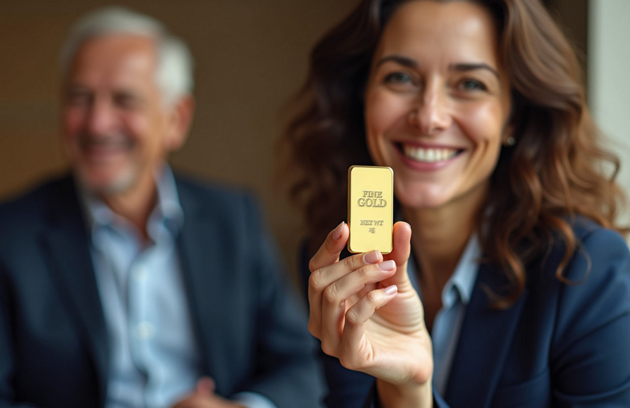 Eine Frau hält einen kleinen Goldbarren in der Hand.
