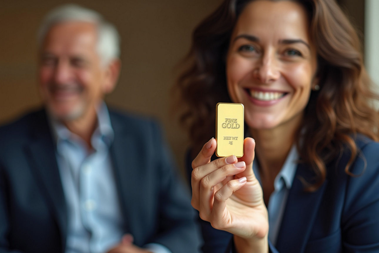 Eine Frau hält einen kleinen Goldbarren in der Hand.